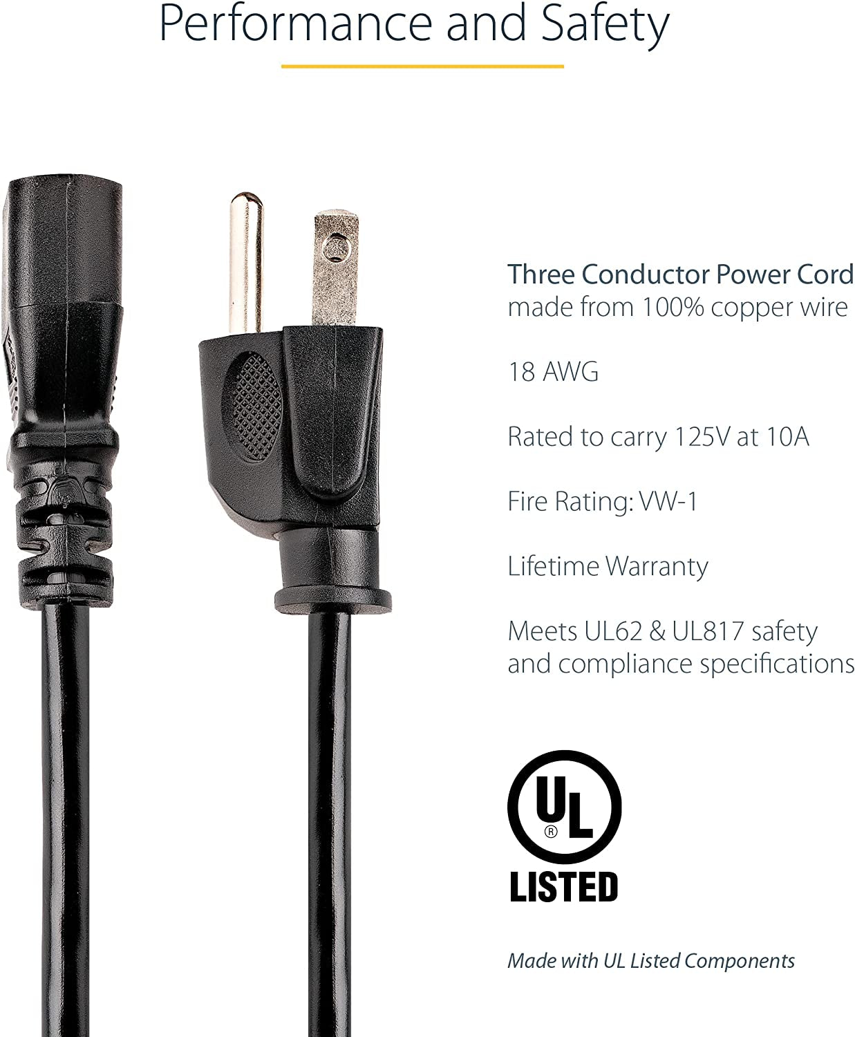 12Ft (3.6M) Computer Power Cord, NEMA 5-15P to C13, 10A 125V, 18AWG, Black Replacement AC Power Cord, Printer Power Cord, PC Power Supply Cable, Monitor Power Cable - UL Listed (PXT10112)