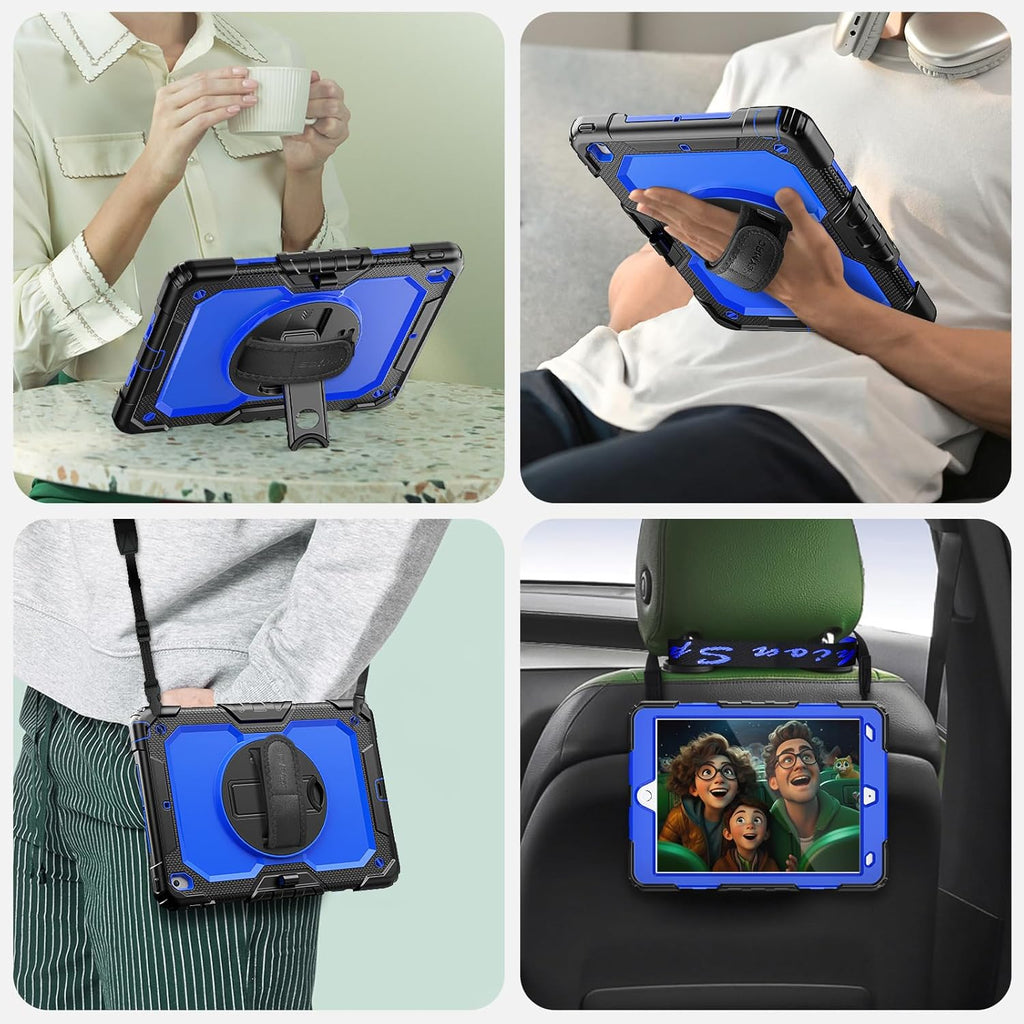 Case Ipad 9Th Generation Kids Ipad 10.2 Case 2021, Full-Body Shock Protective Ipad 7/8/9 Case with Screen Protector Rotating Hand Strap Stand for Ipad 10.2-Inch 9Th/8Th/7Th Gen, Black/Blue